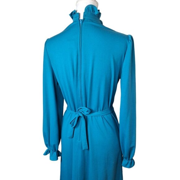 JCPenney Fashions Blue Dress Long Ruffle High Neck Pockets Tie Vintage Womens 14 - Picture 12 of 16